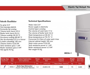 1000 TABAK GİYOTİN TİPİ BULAŞIK MAKİNESİ